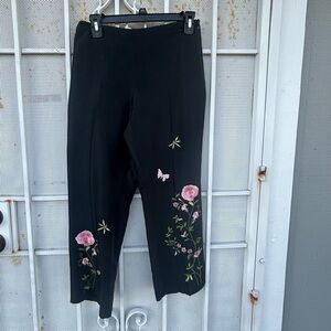 VTG Ann Taylor 100% Silk Black Dress Pants w/ Floral Butterfly Embroidery Sz 6P